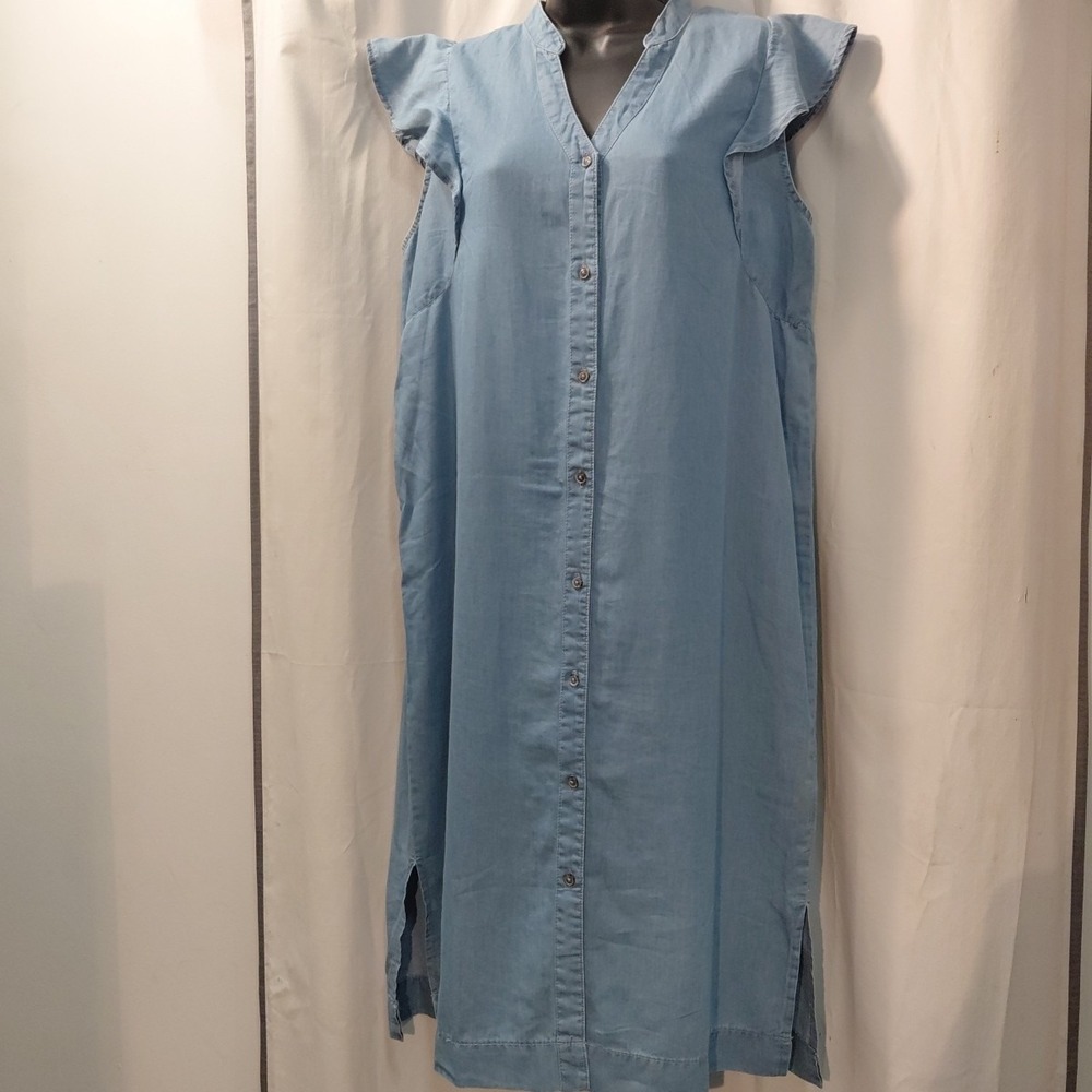Harlow & Rose Chambray Button Front Dress L Blue Sleeveless Ruffle Sleeve Denim